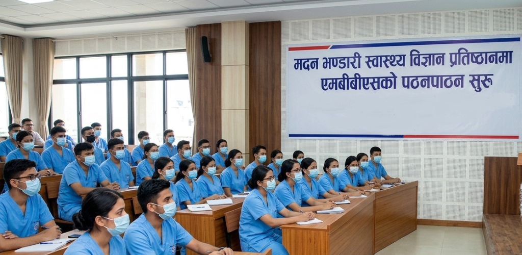चिकित्सा शिक्षामा मदन भण्डारी स्वास्थ्य विज्ञान प्रतिष्ठानको फड्को <br pagebreak='always'>  <span style='color:#000000;font-size:35px;'>२८ जिल्लाका विद्यार्थी समेट्दै हेटौंडामा एमबीबीएस पठनपाठन सुरु</span>